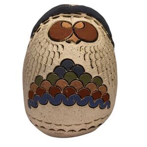 VTG Miniature Ceramic Owl Handmade Colombia Beige Blue Red Unique Adorable 2x2.5